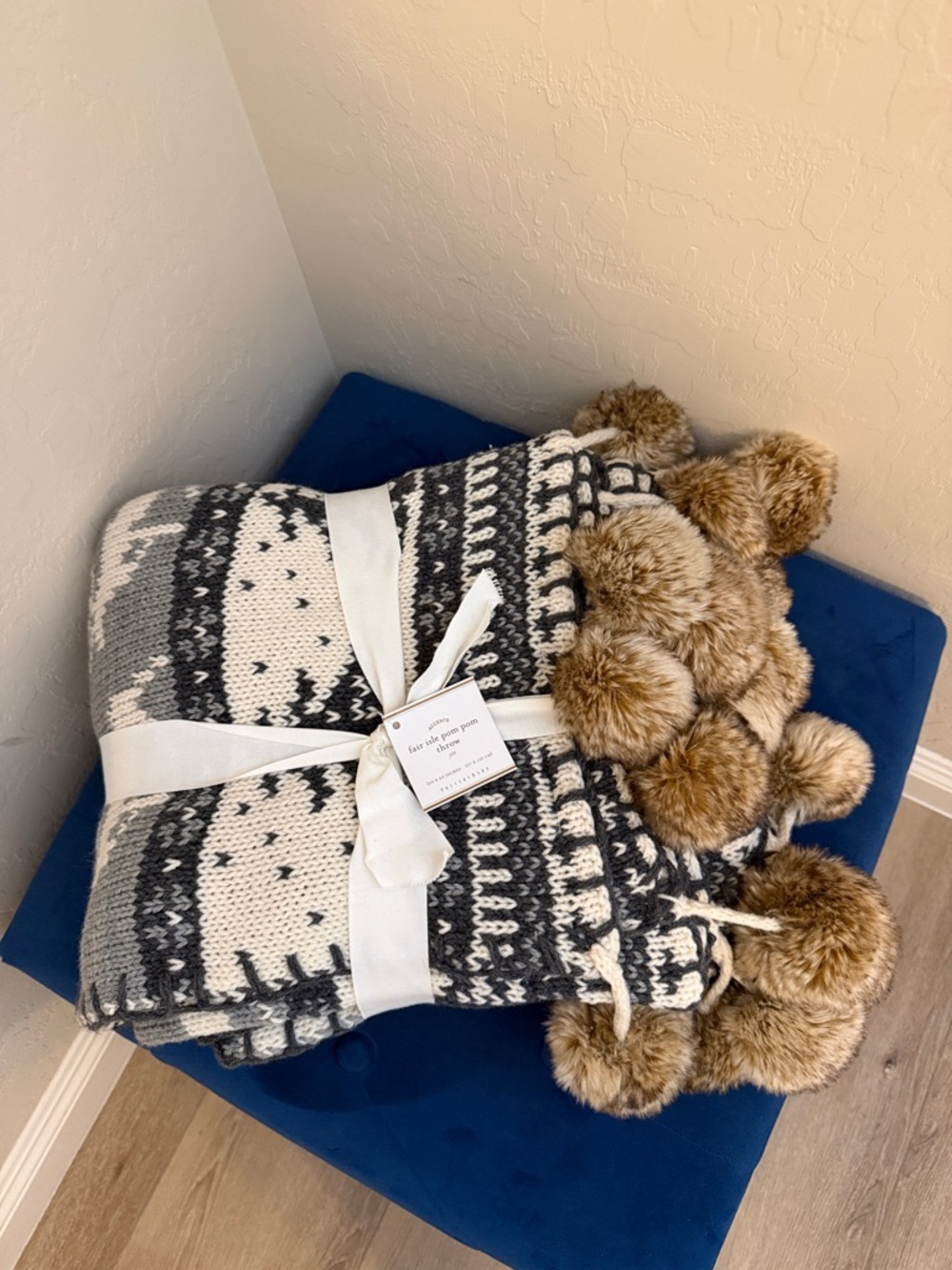 Cozy Gray & Cream Knit Throw with Faux Fur Pom Poms
